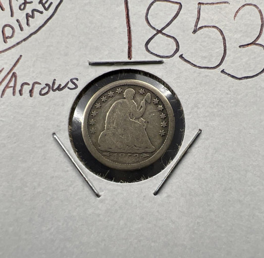 1853 5c Seated Liberty Silver Half Dime Coin with Arrows VG / Fine Circ