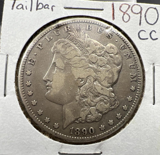 1890 CC $1 Morgan Silver Dollar Coin Tailbar Variety VF Very Fine Circulated