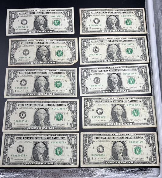 Lot of 10 2013 * Star $1 One Dollar FRN Federal Reserve Notes Circulated #172
