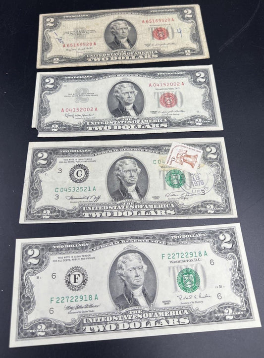 4 Note $2 Bill Collectors Set 1953 1963 1976 1995 $2 Bills Circ Conditions