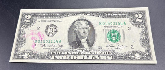 1976 $2 Postal Two Dollar Bicentennial Federal Reserve Note District B UNC #154