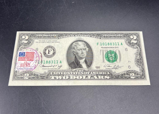 1976 $2 Postal Two Dollar Bicentennial Federal Reserve Note Atlanta GA UNC #311