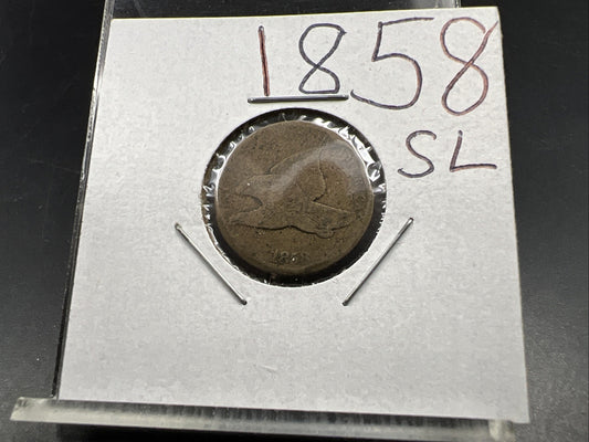 1858 1c Flying Eagle Cent Coin Very Circulated Damage Small Letters VarietySKU#H