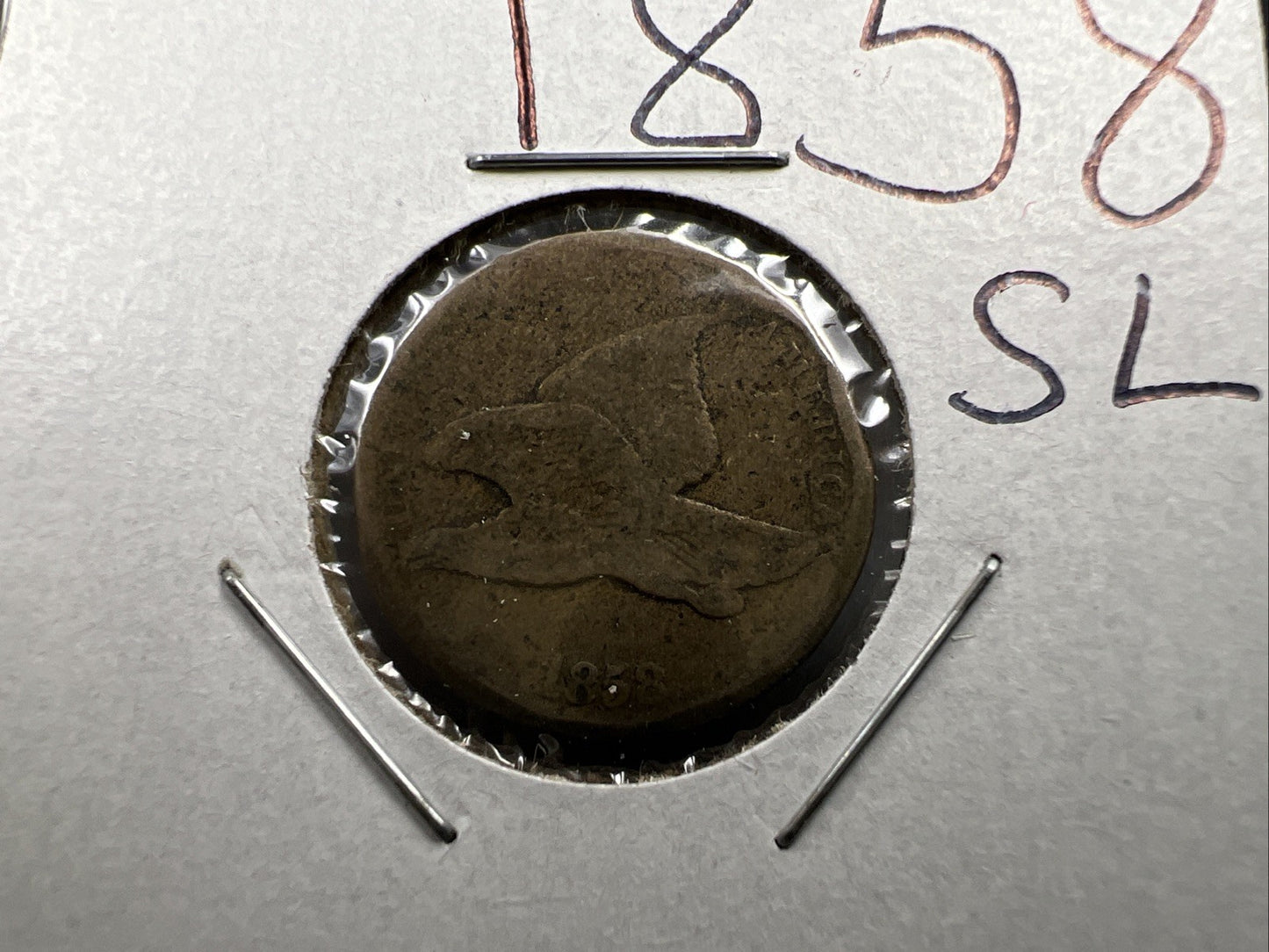 1858 1c Flying Eagle Cent Coin Very Circulated Damage Small Letters VarietySKU#H