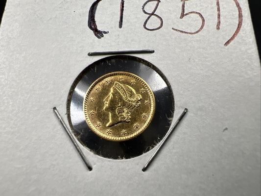 1851 G$1 Gold One Dollar Coin Liberty Head AU Details Jewelry Mount Removed REV