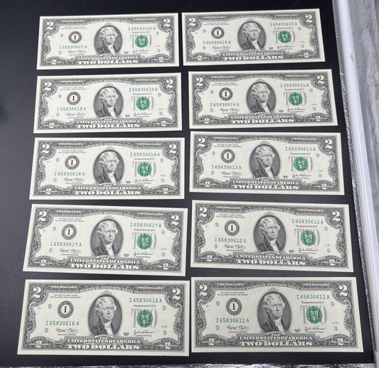10 Consecutive 2003 Two Dollar FRN Federal Reserve Notes CH UNC I District #11