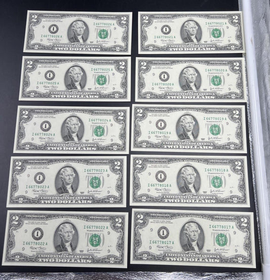 10 Consecutive 2003 Two Dollar FRN Federal Reserve Notes Repeaters CH UNC #17