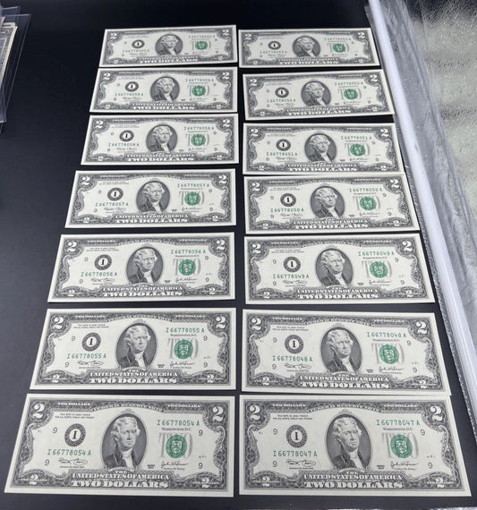 14 Consecutive 2003 Two Dollar FRN Federal Reserve Notes Repeaters CH UNC #60
