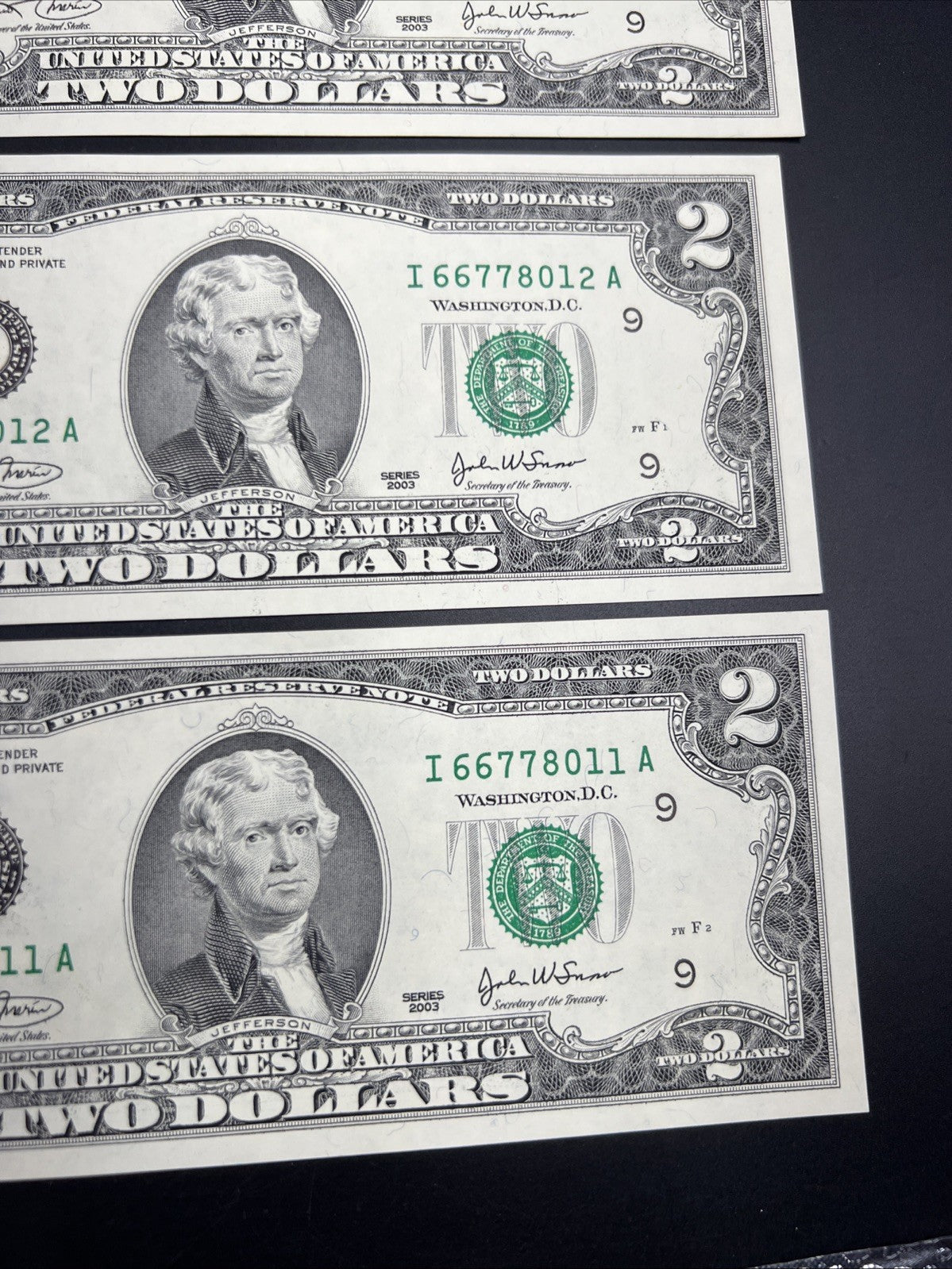 6 Consecutive 2003 Two Dollar FRN Federal Reserve Notes Repeaters CH UNC #11