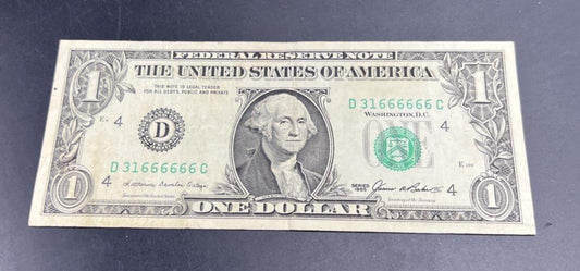 1985 $1 FRN VF Double Devil's Serial Repeater Number #31666666