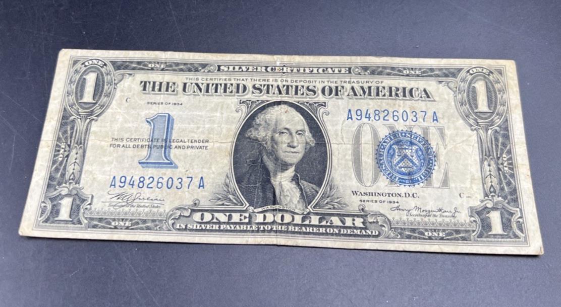 1934 $1 Funnyback Funny Back Silver Certificate Blue Seal CH VG Very Good #37