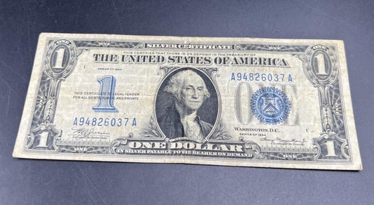 1934 $1 Funnyback Funny Back Silver Certificate Blue Seal CH VG Very Good #37