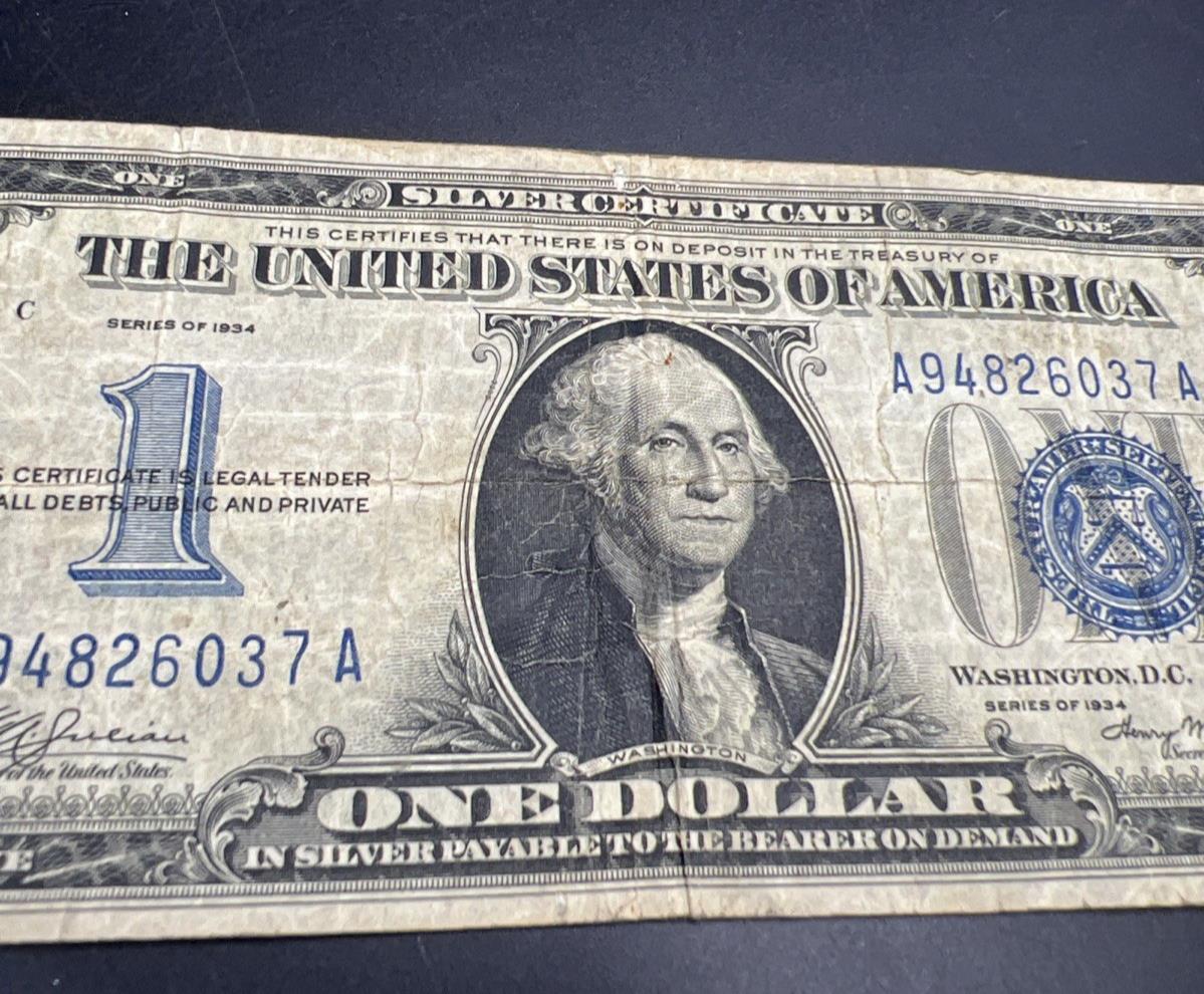 1934 $1 Funnyback Funny Back Silver Certificate Blue Seal CH VG Very Good #37