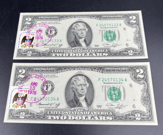 2 Consecutive 1976 $2 FRN Federal Reserve Notes Avondale Estates GA CH UNC #34