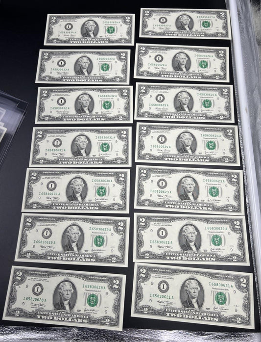 14 Consecutive 2003 Two Dollar FRN Federal Reserve Notes CH UNC I District #21