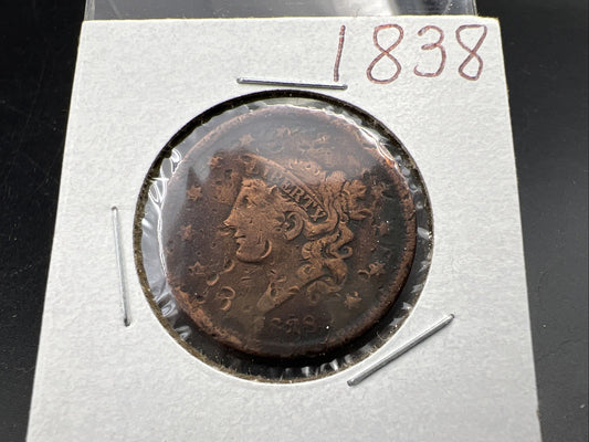 1838 1c Coronet Head Large Cent US Copper Coin Very Circulated Damaged SKU#A