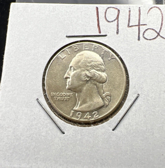 1942 P Washington 90% Silver Quarter AU About UNC WWII Era Coin SKU#A