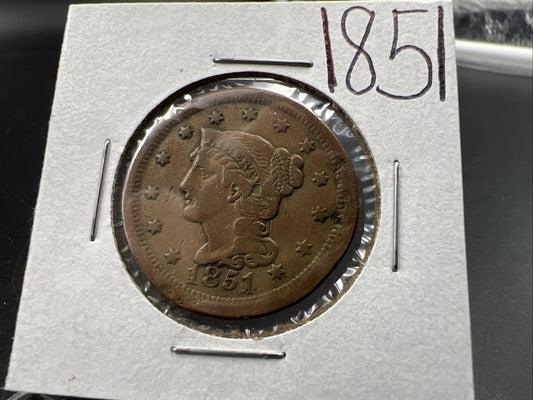 1851 1c Braided Hair Large Cent Coin VF Very Fine Details Damaged Bent