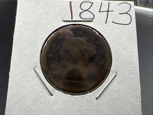 1843 1c Braided Hair Large Cent Coin Very Circulated Damaged