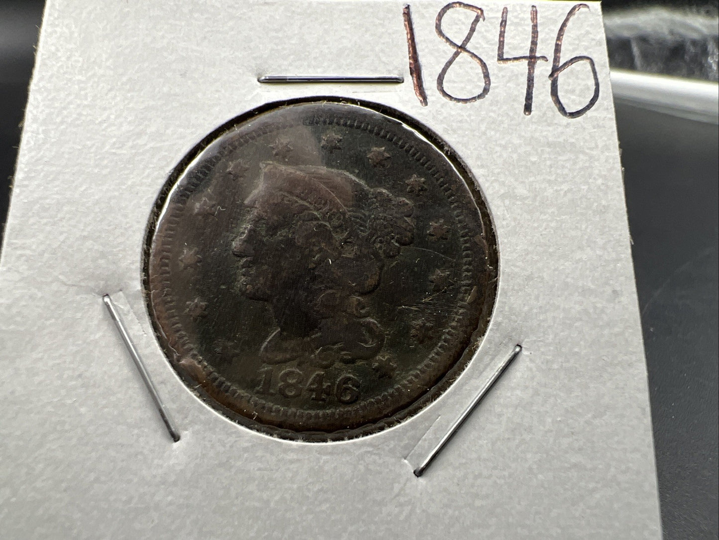 1846 1c Braided Hair Large Cent Coin Very Circulated Damaged