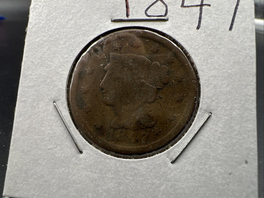 1847 1c Braided Hair Large Cent Coin Very Circulated Damaged
