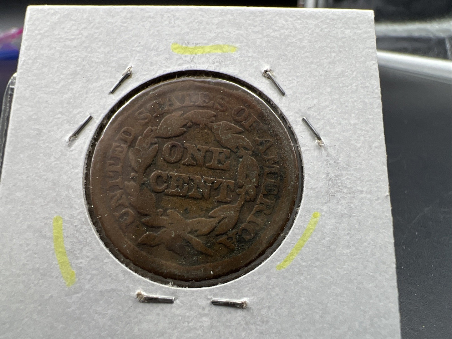1847 1c Braided Hair Large Cent Coin Very Circulated Damaged