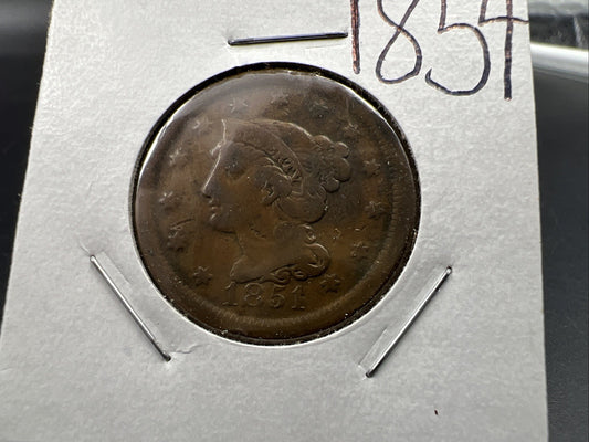 1854 1c Braided Hair Large Cent Coin VG Details Circulated