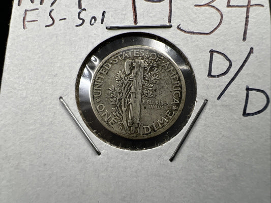 1934 D /D Mercury Silver Dime Coin RPM FS-501 Variety XF EF Extra Fine Circ