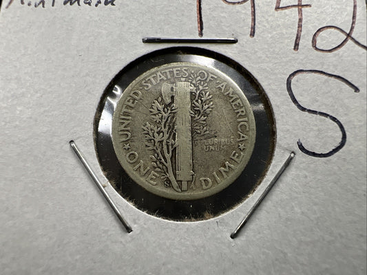 1942 S 10c Mercury Silver Dime Coin Upside down Mint Mark Variety Very Circulate