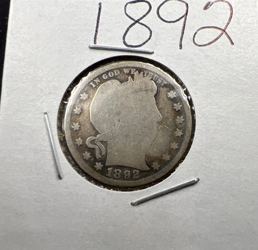 1892 P 25c Barber Silver Quarter Coin Very Circulated First Year Of Issue SKU#A