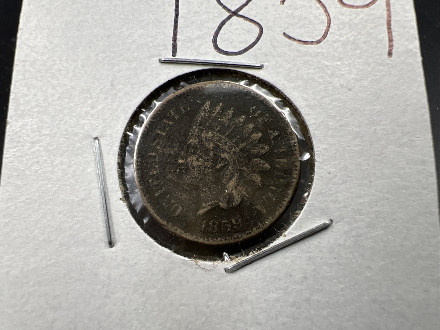 1859 1c Indian Head Cent Penny VG Details Environmental Damage Circulated SKU#B