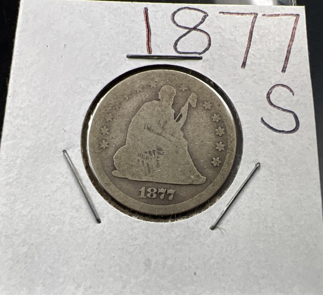 1877 S 25c Liberty Seated Quarter Coin AG About Good Full Date