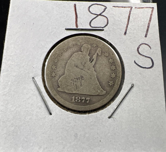 1877 S 25c Liberty Seated Quarter Coin AG About Good Full Date