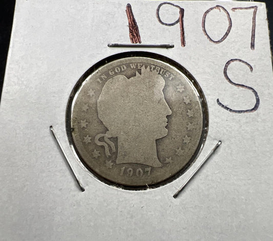 1907 S 25c Barber Silver Quarter Coin AG About Good Circ SKU#A