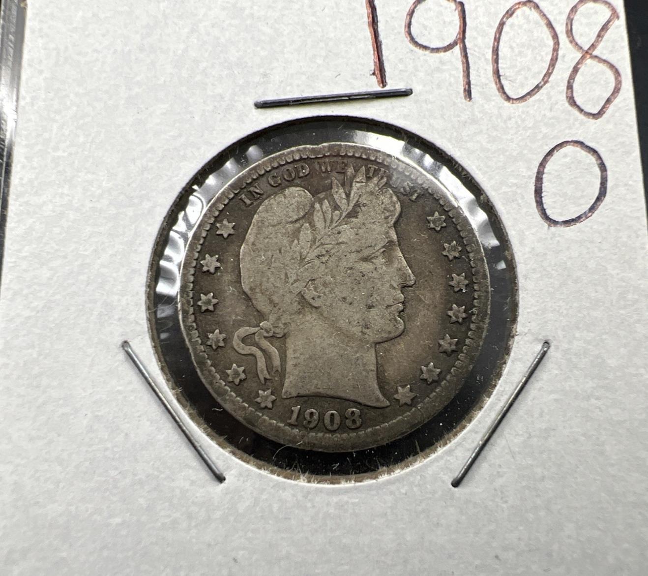 1908 O 25c Barber Silver Quarter Coin VG Very Good Circ SKU#A