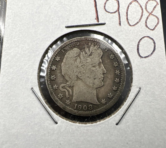 1908 O 25c Barber Silver Quarter Coin VG Very Good Circ SKU#A