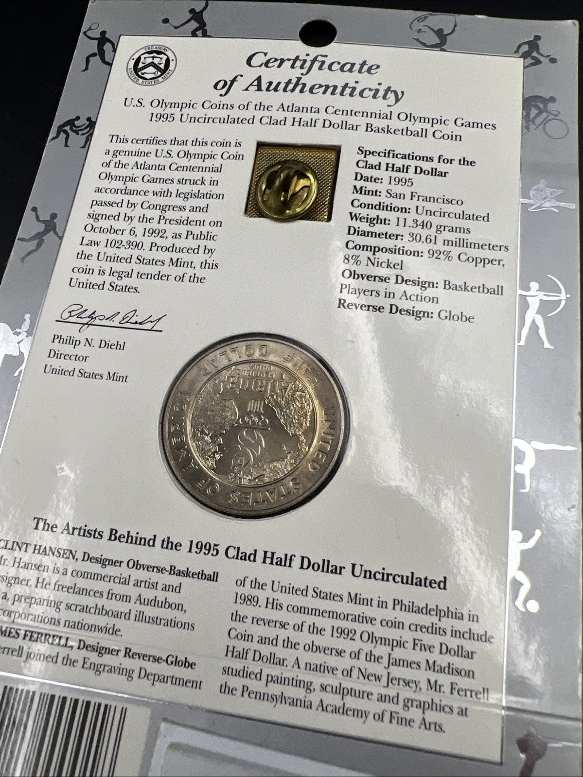 1995 Atlanta Olympics Basketball Commemorative Clad Half dollar Coin & Pin set