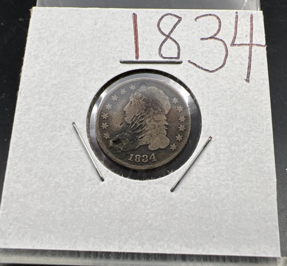 1834 P Capped Bust Silver Dime Coin G / VG Details Holed Damaged