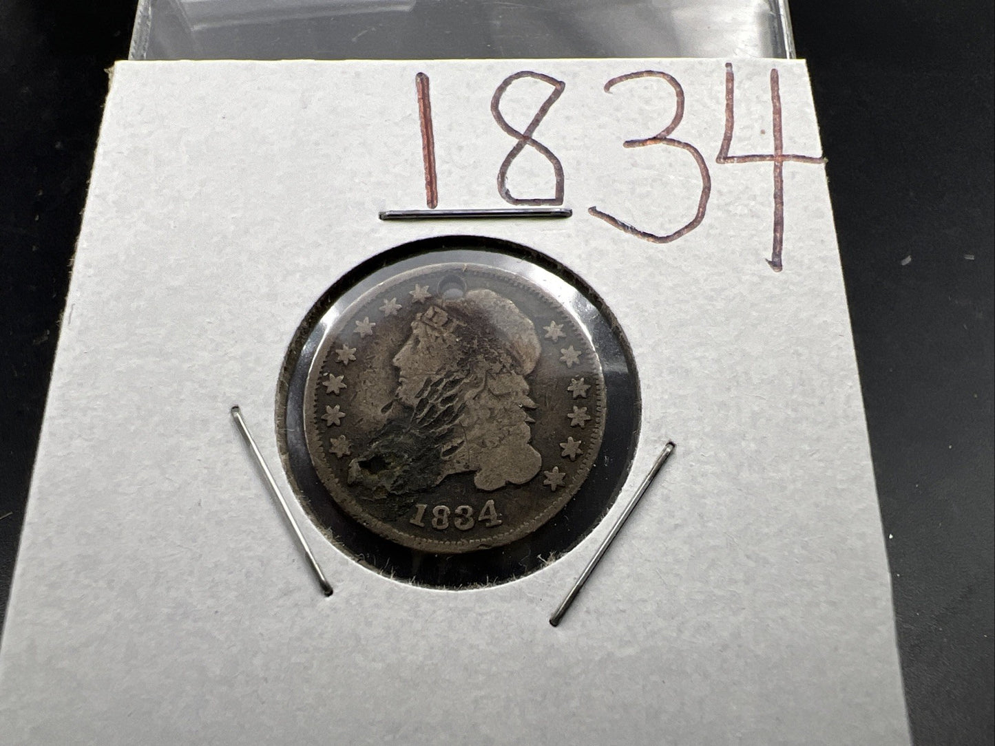 1834 P Capped Bust Silver Dime Coin G / VG Details Holed Damaged
