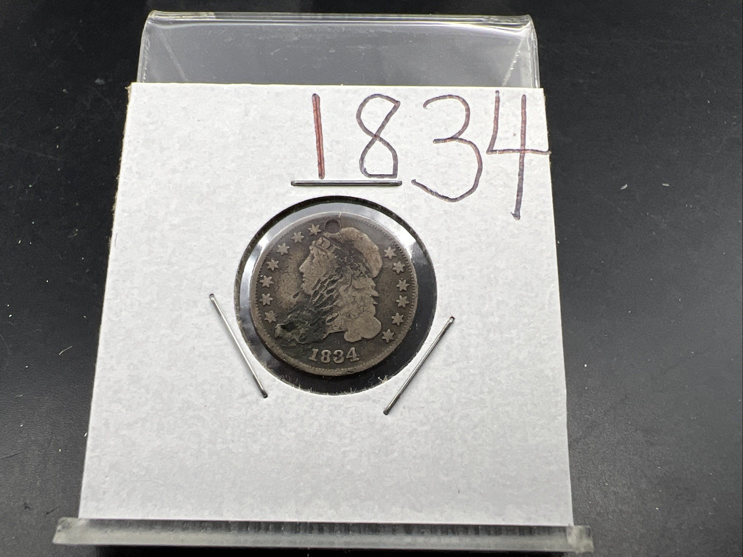 1834 P Capped Bust Silver Dime Coin G / VG Details Holed Damaged