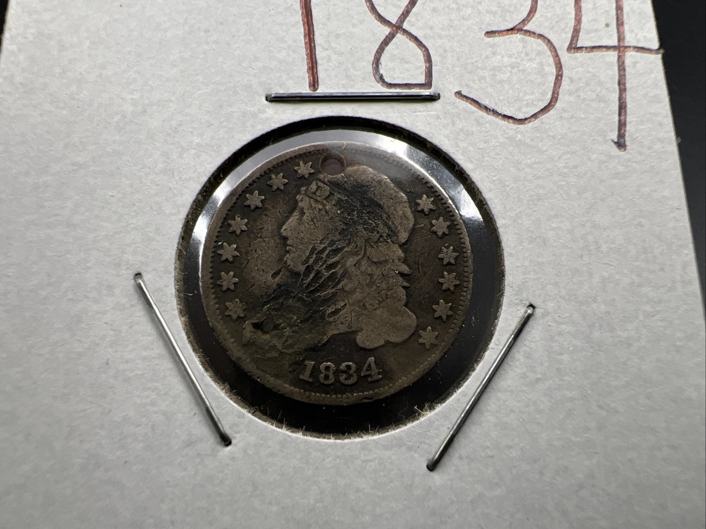 1834 P Capped Bust Silver Dime Coin G / VG Details Holed Damaged