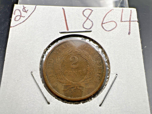 1864 2c Two Cent Copper Coin Obsolete US Denomination Good Details Circ