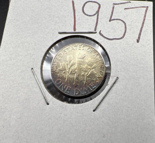 1957 P 10c Roosevelt Silver Dime Coin Choice BU UNC Nice Toning Toner