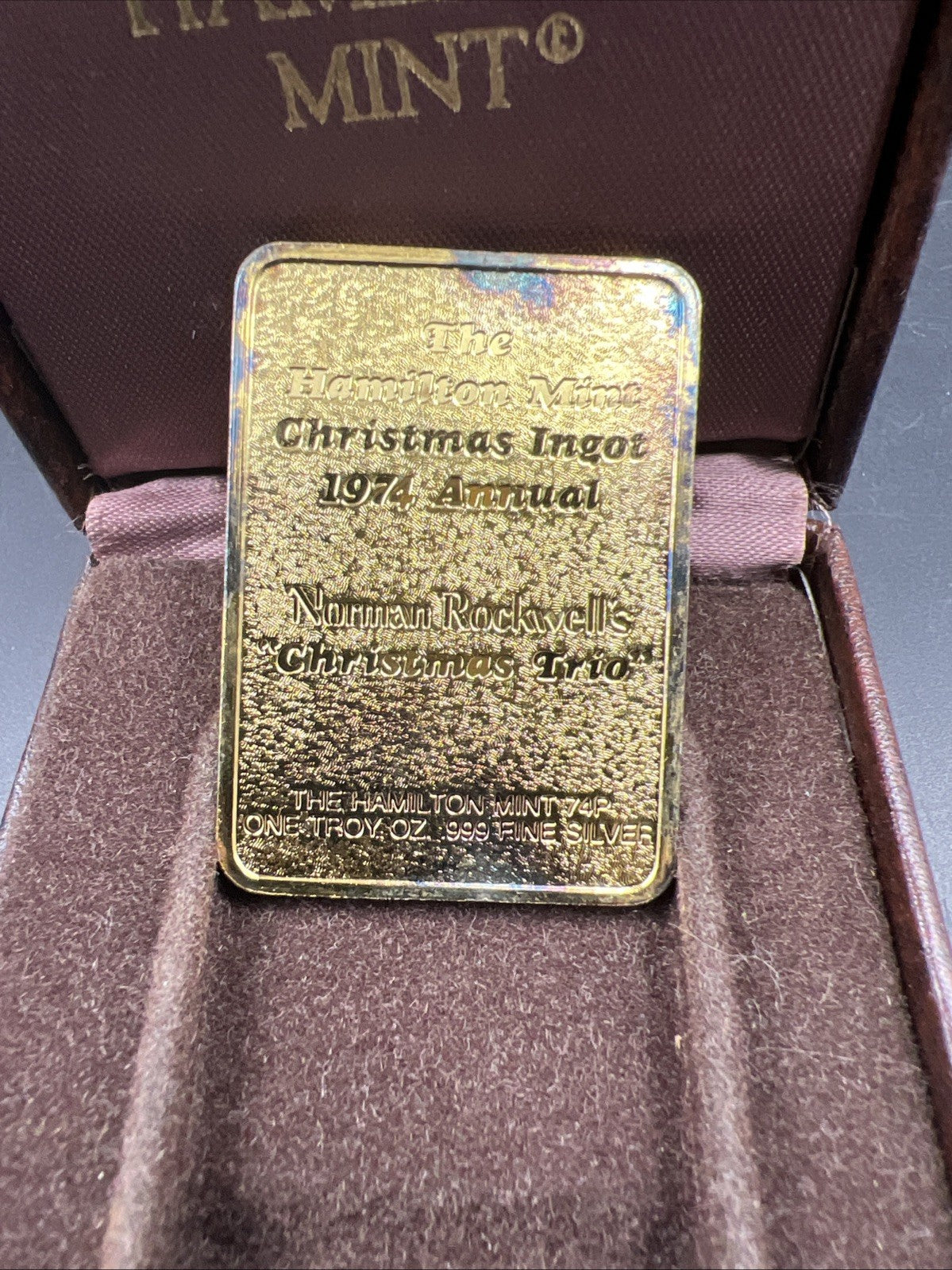 1974 Annual Christmas Ingot 1 Oz .999 Silver Bar Nice Toning Norman Rockwell