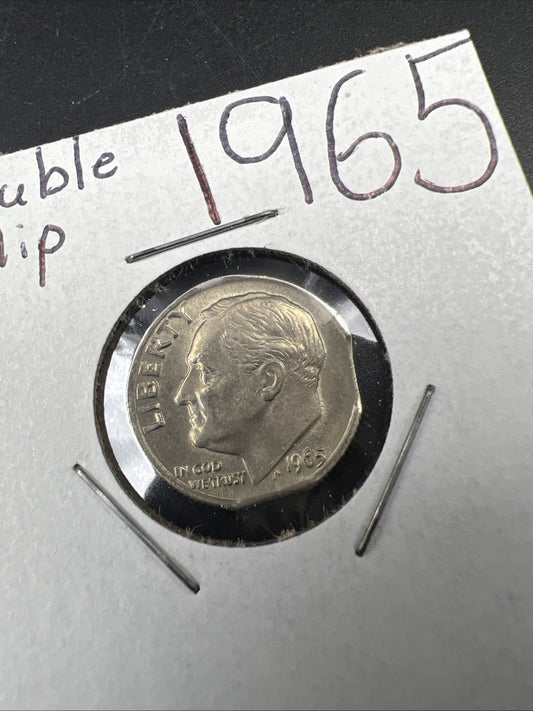 1965 P 10c Roosevelt Copper Nickel Dime Coin Double Clipped PLANCHET Error AU