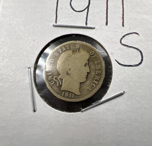 1911 S Barber 90% Silver Dime Coin CH AG / Good Circ SKU#A