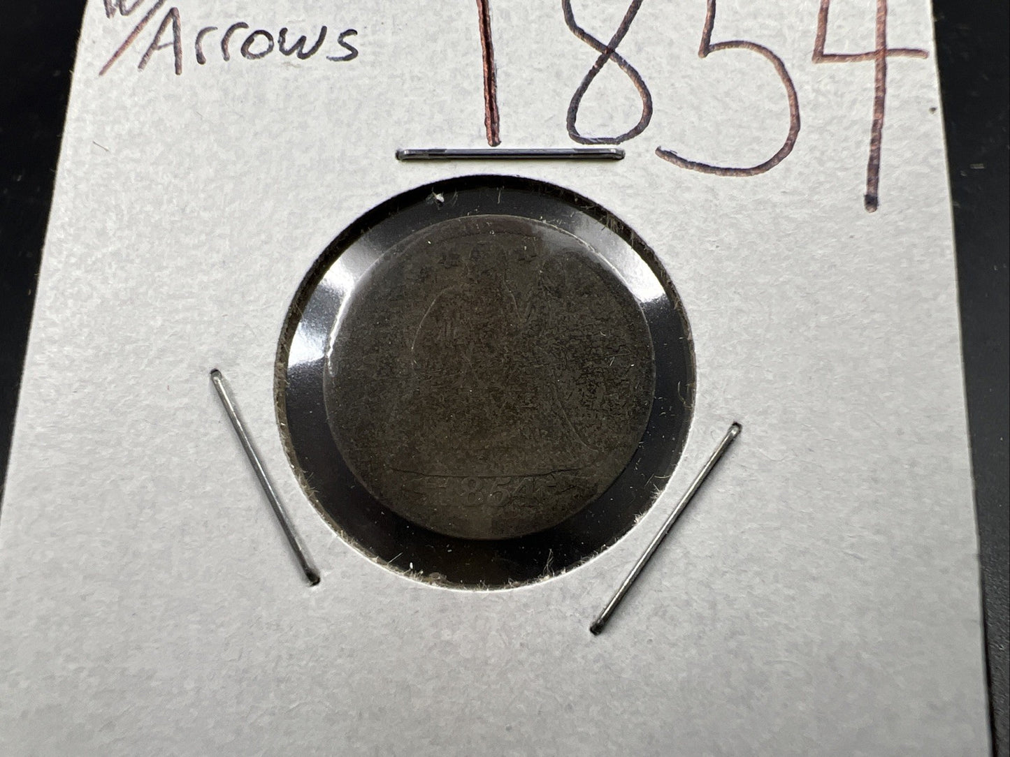 1854 w/ Arrows Seated Liberty Silver Dime Coin Very Circulated Toned SKU#A