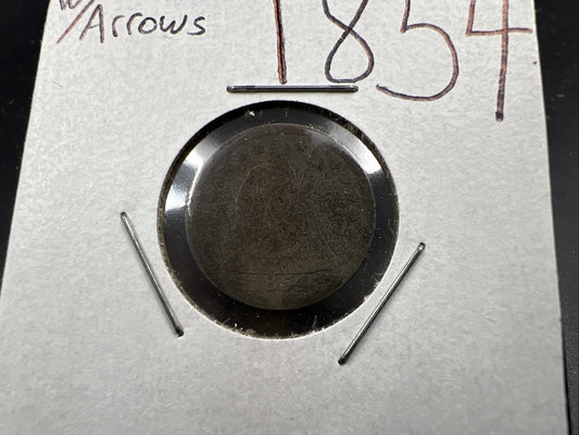 1854 w/ Arrows Seated Liberty Silver Dime Coin Very Circulated Toned SKU#A