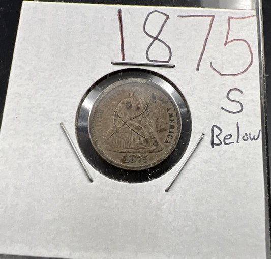 1875 S Below Bow Seated Liberty Silver Dime Coin VG Details Damaged Ugly SKU#A