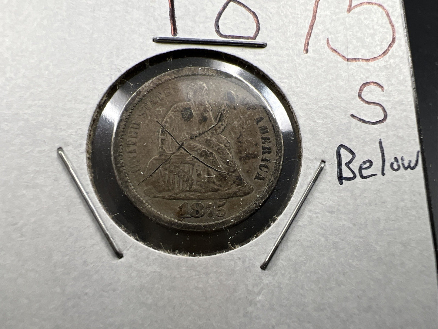 1875 S Below Bow Seated Liberty Silver Dime Coin VG Details Damaged Ugly SKU#A